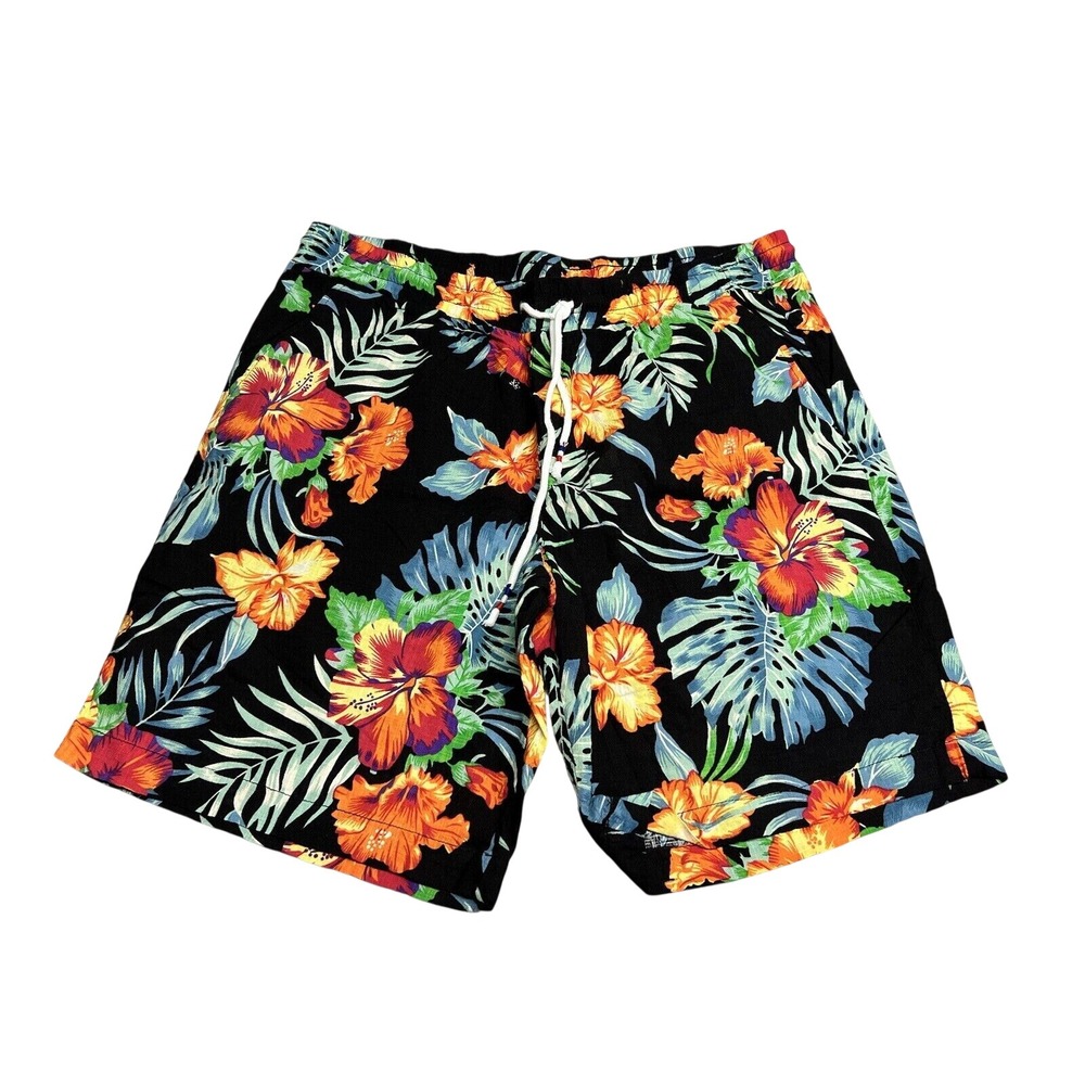 Jogal Shorts Mens Medium‎ Black Hawaiian Floral Drawstring Cotton Viscose NEW